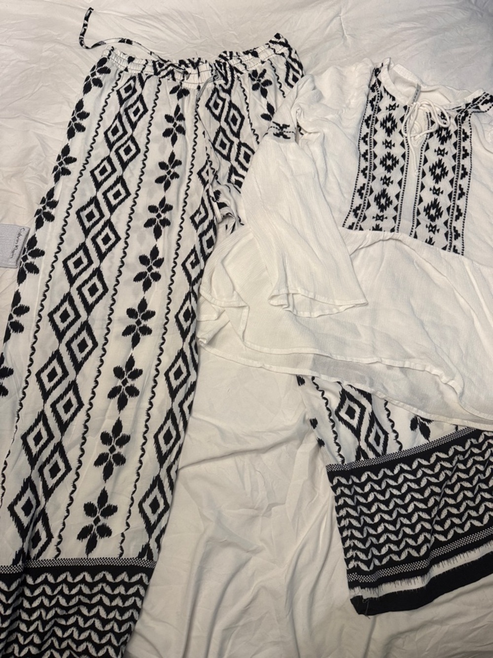 Black & White Embroidered Boho Top and Wide Leg Pants Set